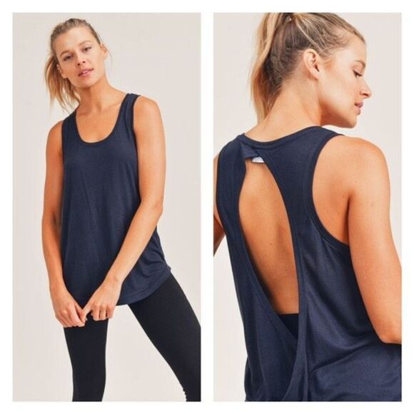 NWT Mono B Overlay Back Workout Tank Top Jersey Knit Open Back Large Navy Blue - Picture 1 of 9